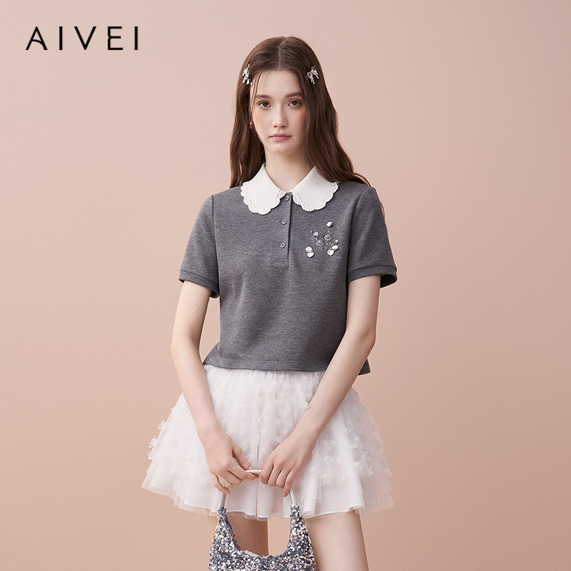 AIVEI欣贺艾薇2025早秋新少女可爱风娃娃领正肩短袖卫衣XRV5S13B