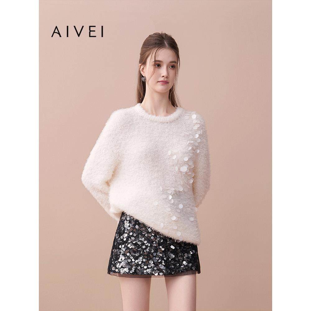 AIVEI欣贺艾薇2025秋季新毛绒氛围感立体亮片毛衣针织衫XRV5M38A,女装/女士精品,毛针织衫,淘宝优惠券,粉丝福利购,淘宝优惠卷