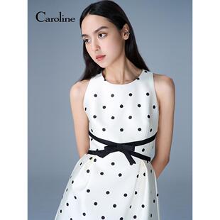 Caroline卡洛琳2025秋季新款复古波点裙拼接收腰连衣裙ERC4L13A