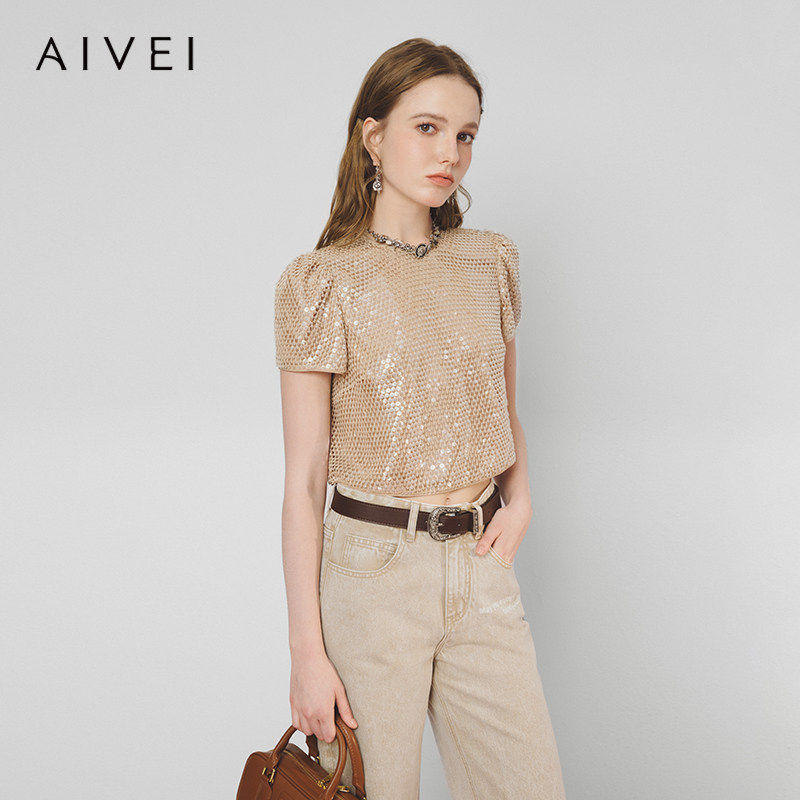 AIVEI欣贺艾薇2025春夏欧美风亮片流苏短款圆领针织上衣S711904B