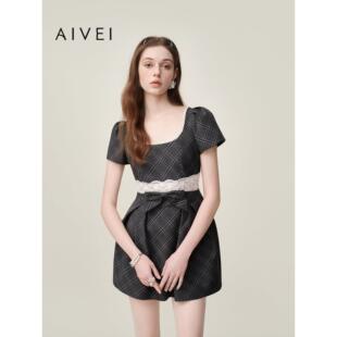 AIVEI欣贺艾薇2026夏季新日式千金风蕾丝拼接格纹连衣裙XSV3L39B