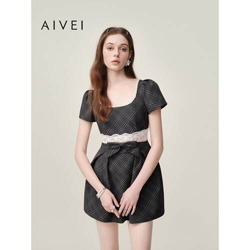 AIVEI欣贺艾薇2026夏季新日式千金风蕾丝拼接格纹连衣裙XSV3L39B