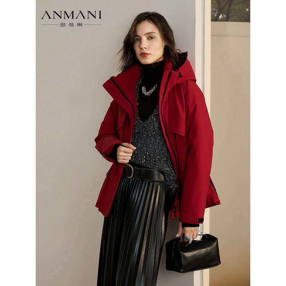 ANNMEL恩曼琳25冬季新款时尚红色鹅绒连帽冲锋衣羽绒服ERA7G01B
