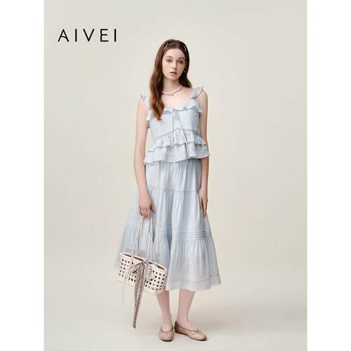 AIVEI欣贺艾薇2026夏季浪漫出游海岛荷叶边甜美吊带上衣XSV3S28B