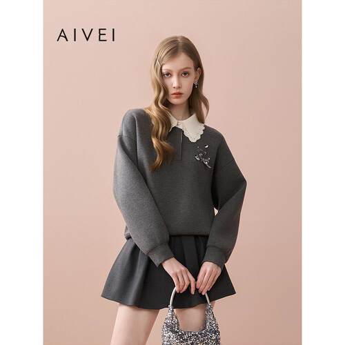 AIVEI欣贺艾薇2025秋季日系甜妹减龄学院绣花空气层卫衣XRV5S16B