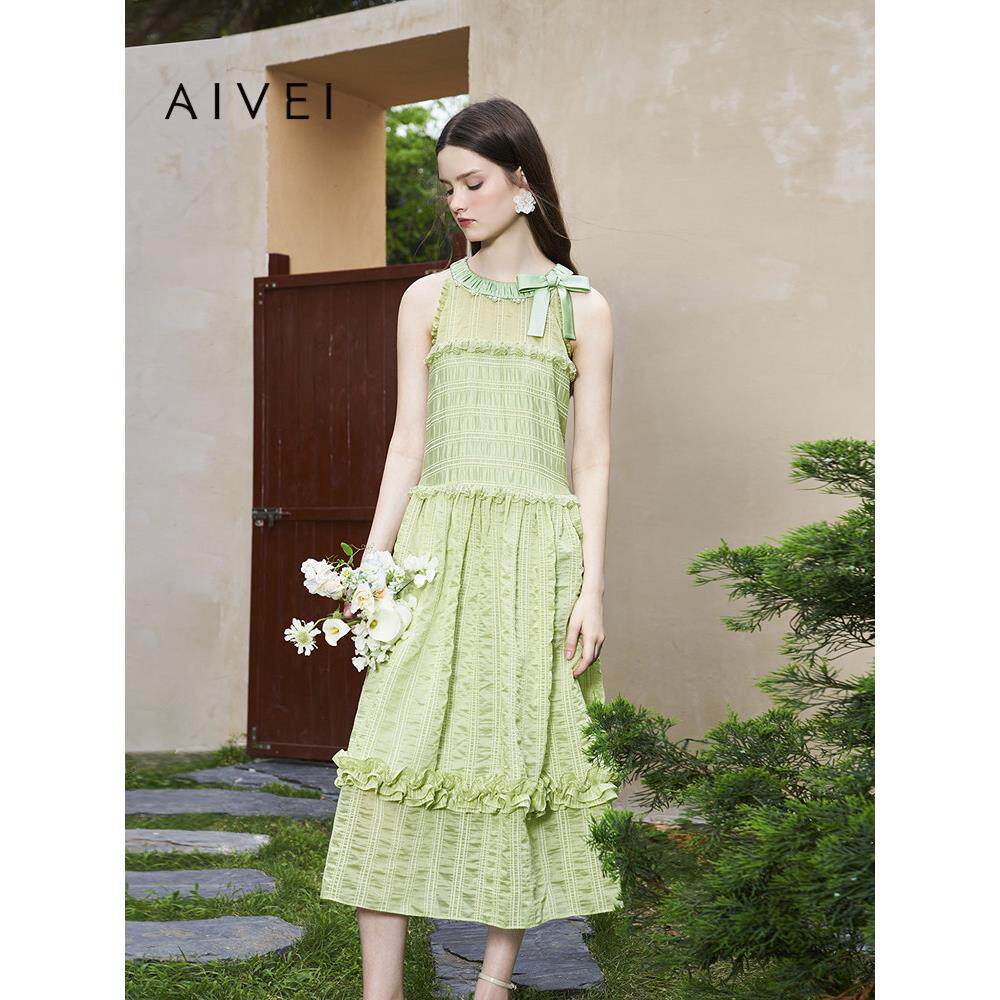 AIVEI欣贺艾薇夏季氛围感森系仙女挂脖度假风长款连衣裙R0360204