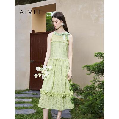 AIVEI欣贺艾薇夏季氛围感森系仙女挂脖度假风长款连衣裙R0360204