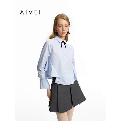 AIVEI欣贺艾薇2026秋季新减龄结构荷叶设计感喇叭袖衬衫XSV5C06B
