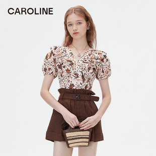 Caroline 商场同款 2024夏季新款V领咖色印花拼色上衣Q629401D