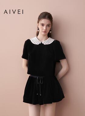 AIVEI欣贺艾薇2025秋季新少女感勾花娃娃领短袖丝绒上衣XRV4S22A