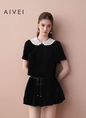 AIVEI欣贺艾薇2025秋季新少女感勾花娃娃领短袖丝绒上衣XRV4S22A