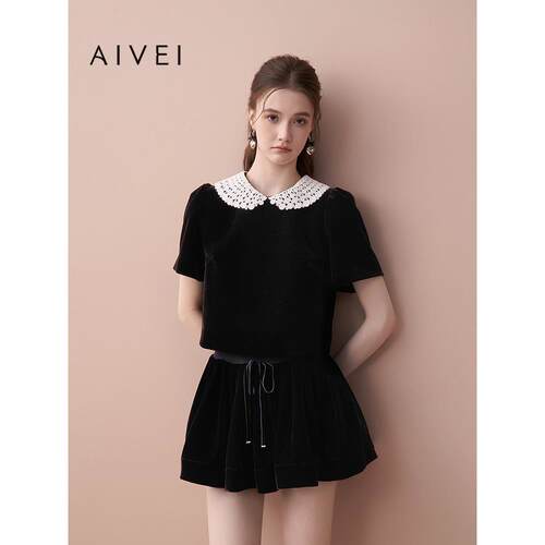 AIVEI欣贺艾薇2025秋季新少女感勾花娃娃领短袖丝绒上衣XRV4S22A