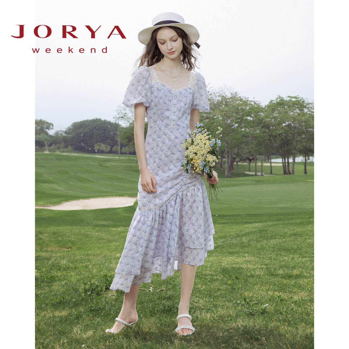 卓雅周末2024夏新款泡泡袖荷叶边蝴蝶结碎花鱼尾度假海边连衣裙女