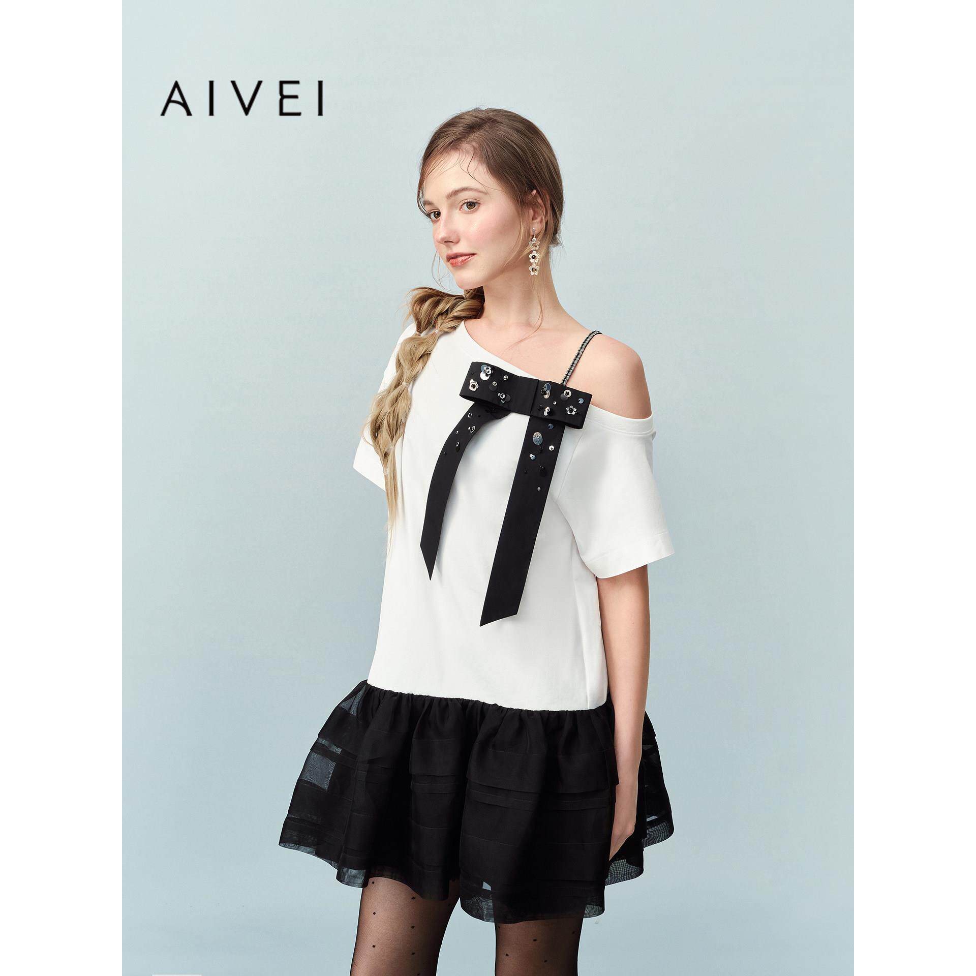 AIVEI欣贺艾薇2026夏季新少女甜酷减龄斜肩撞色T恤连衣裙XSV3L09A