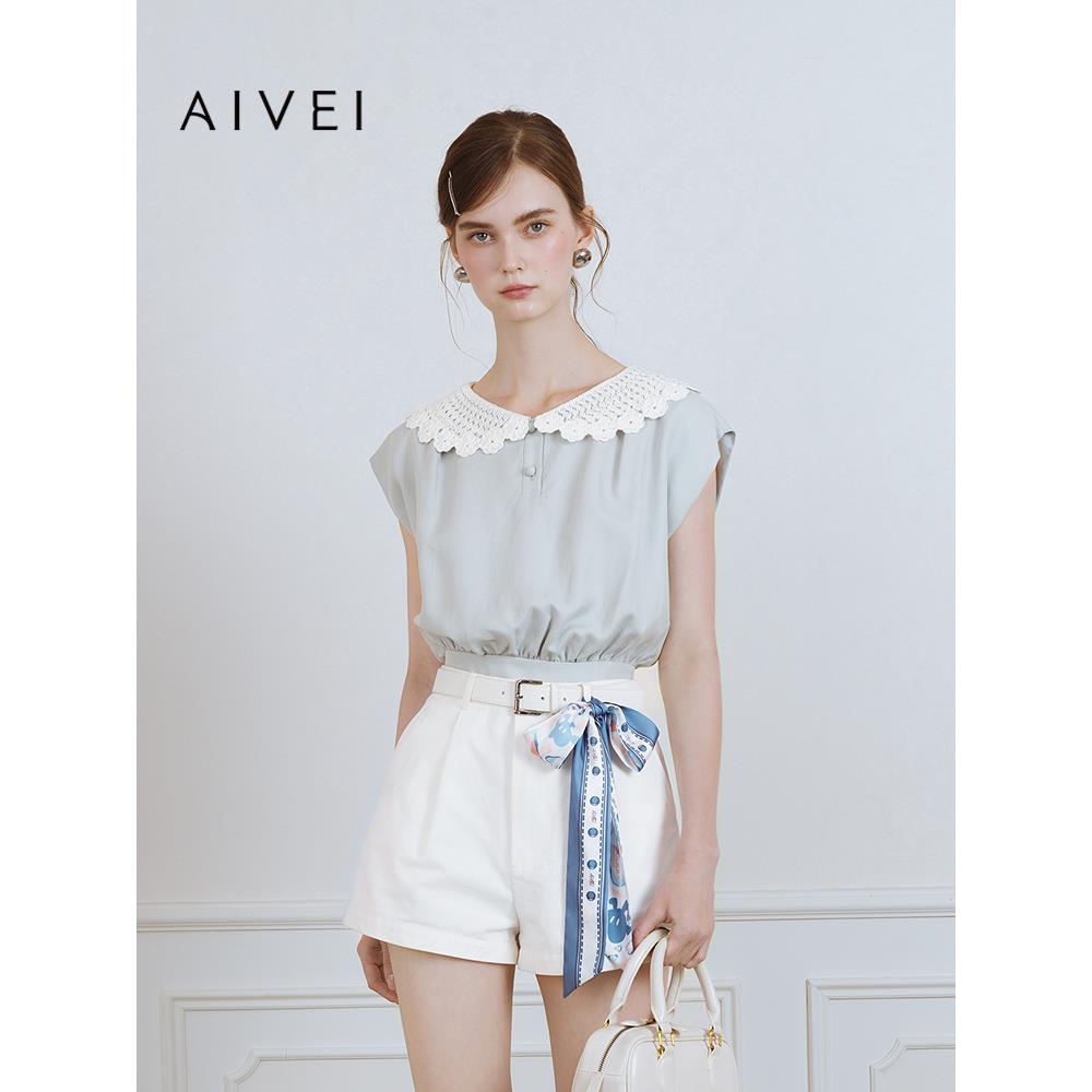 AIVEI欣贺艾薇2025夏季日系少女绣花娃娃领收腰无袖上衣S724502B