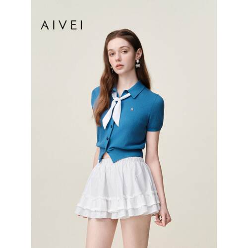 AIVEI欣贺艾薇2026夏季新简约气质通勤老钱短袖针织开衫XSV3M04C