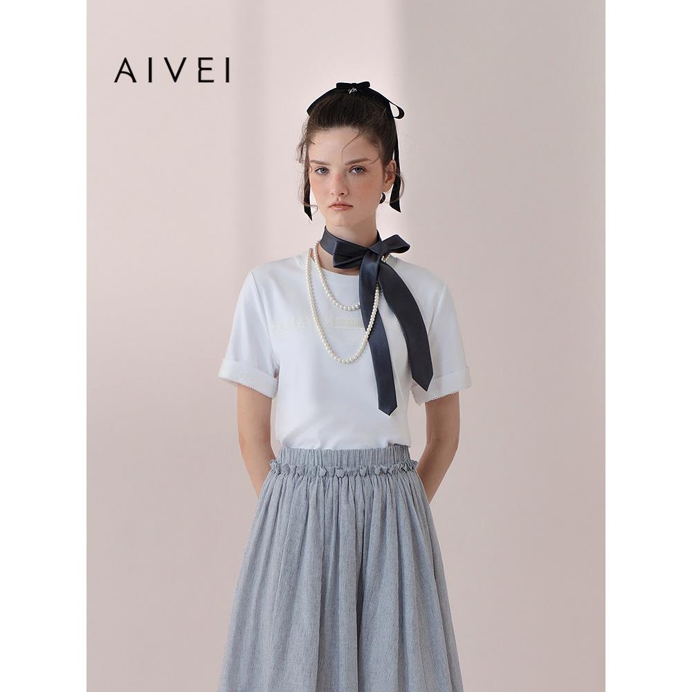 AIVEI欣贺艾薇2026春夏新小清新蕾丝拼接正肩折边短袖T恤XSV1T03B