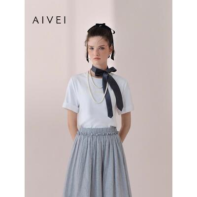 AIVEI欣贺艾薇2026春夏新小清新蕾丝拼接正肩折边短袖T恤XSV1T03B