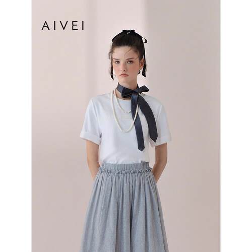 AIVEI欣贺艾薇2026春夏新小清新蕾丝拼接正肩折边短袖T恤XSV1T03B