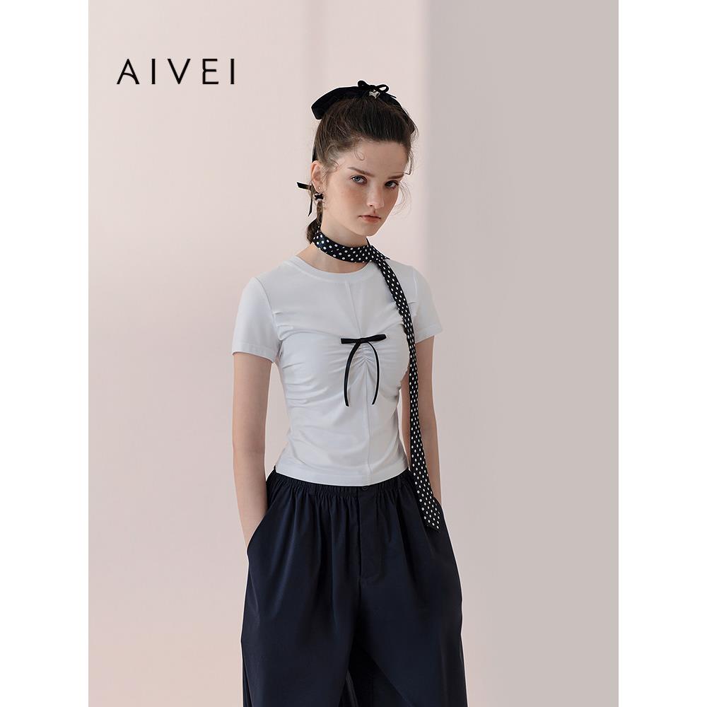 AIVEI欣贺艾薇2026春夏新少女chic正肩T恤蝴蝶结修身上衣XSV1S09B