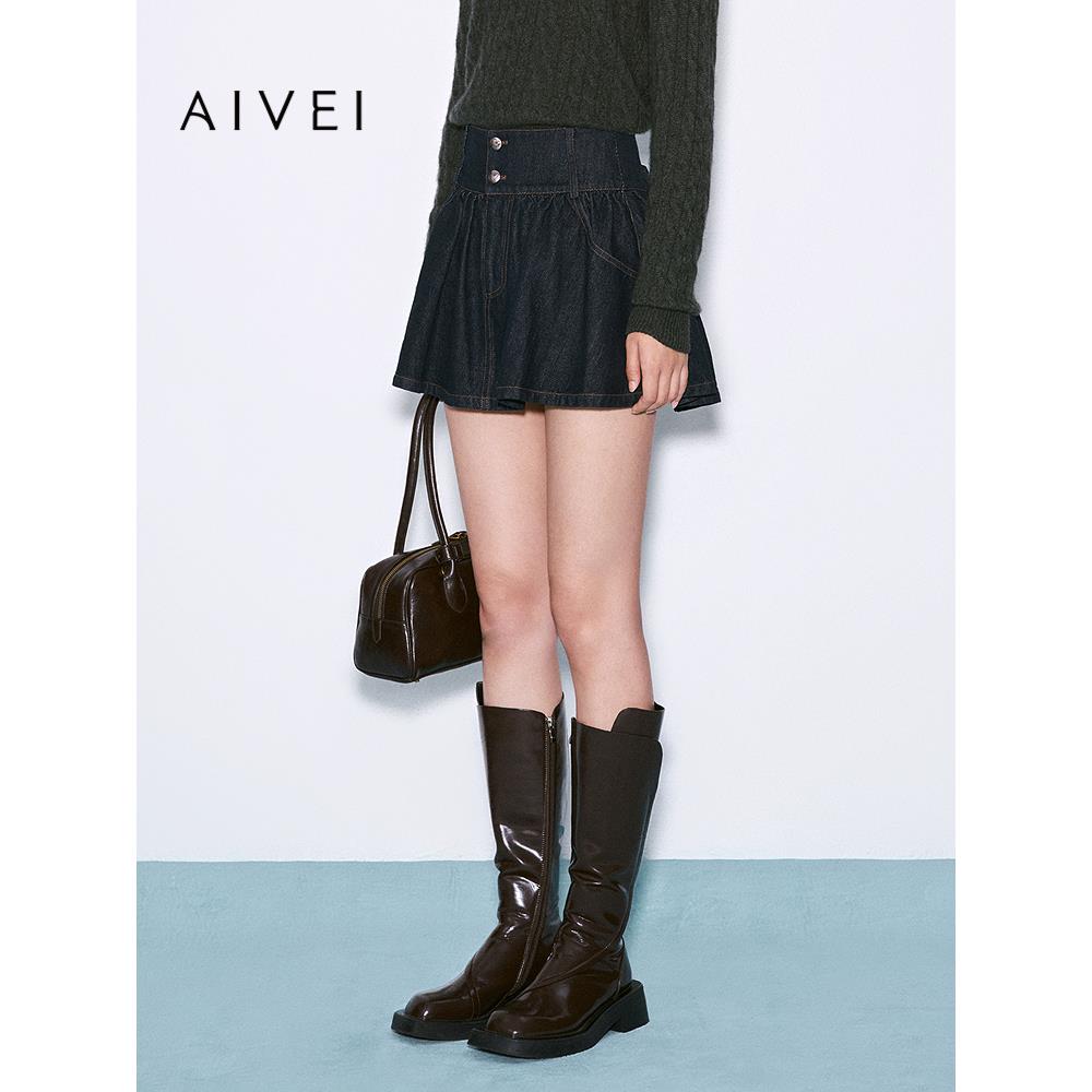 AIVEI欣贺艾薇2025冬季新小清新甜美风两粒扣牛仔半身裙XRV7Q13A