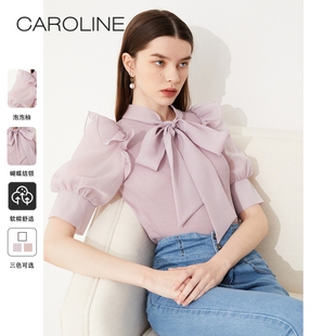 CAROLINE卡洛琳2023秋季新款优雅甜美系带蝴蝶结泡泡袖毛针织衫