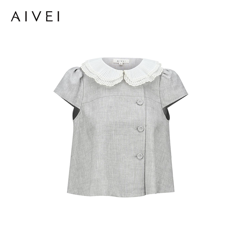 AIVEI欣贺艾薇2026夏季新甜美风日系减龄风琴领短袖衬衫XSV3S05S