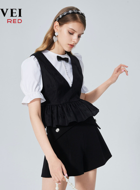 AIVEI欣贺艾薇2023春法式小众深V荷叶边马甲T恤两件套P016S081