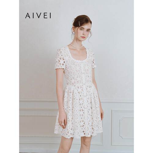 AIVEI欣贺艾薇2025夏季新名媛千金宫廷风方领蕾丝连衣裙S720301A