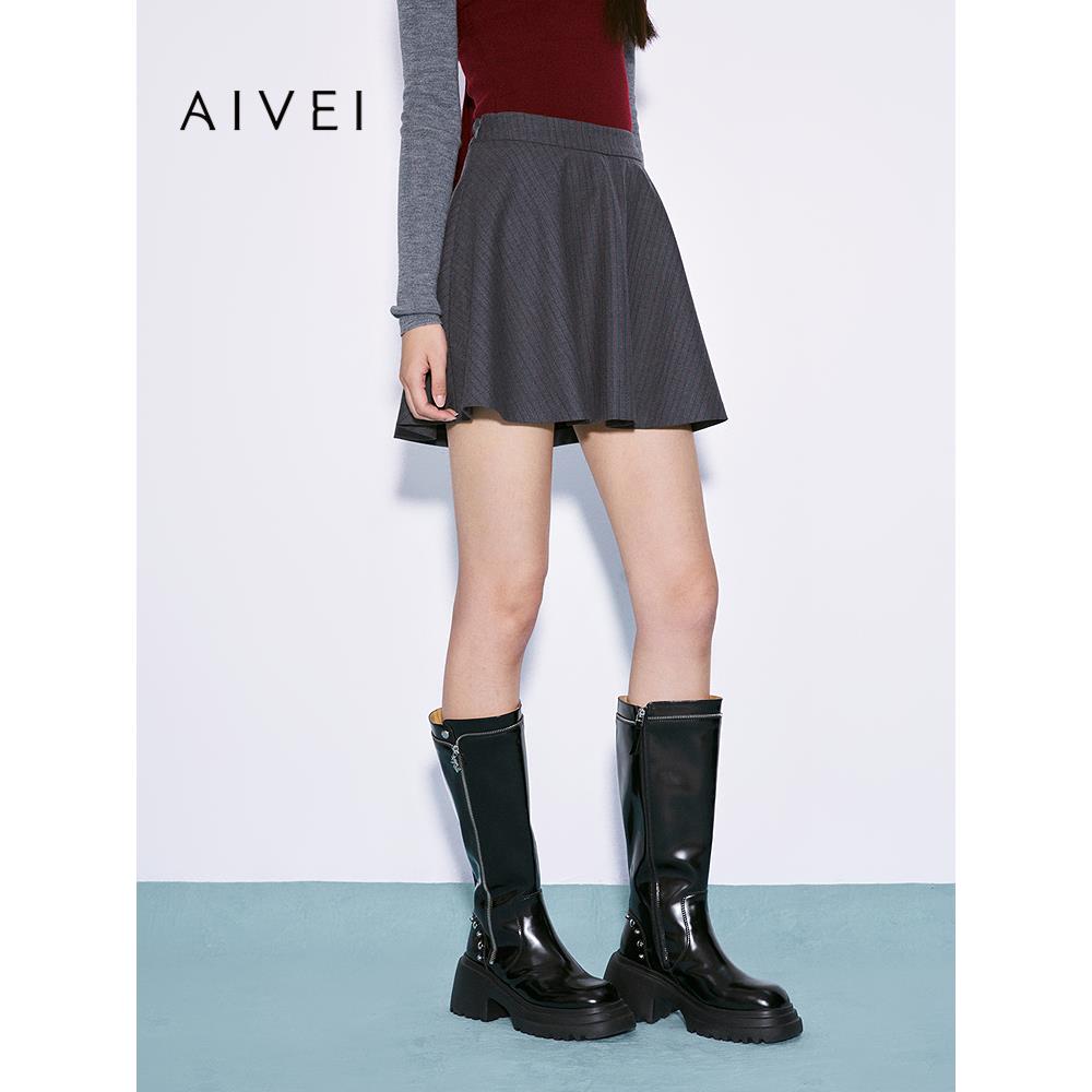 AIVEI欣贺艾薇2025秋季新复古学院风高腰条纹半身裙伞裙XRV5Q56A