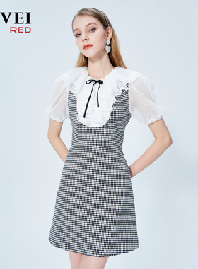 AIVEI欣贺艾薇2023春季新雪纺荷叶边拼接高腰格纹连衣裙P01W0025