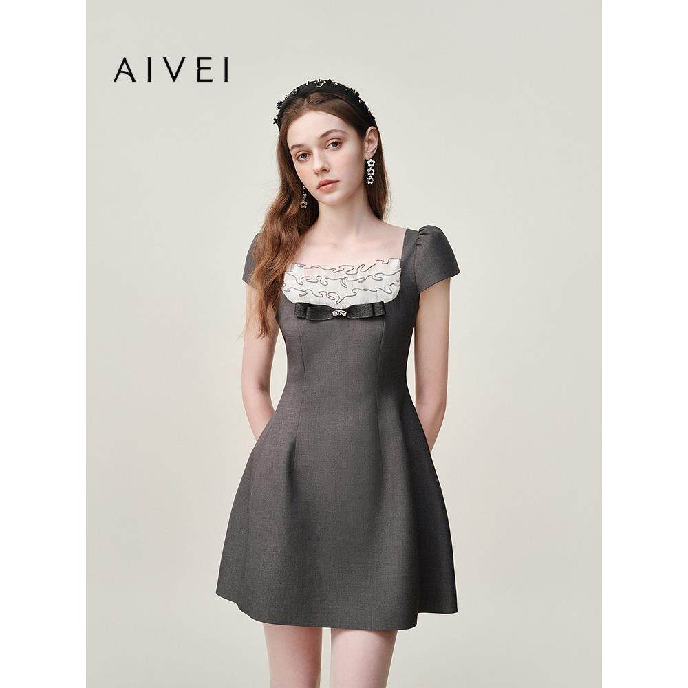 AIVEI欣贺艾薇2026春夏新格雷系千金风方领连衣裙小礼服XSV1L33B