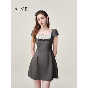AIVEI欣贺艾薇2026春夏新格雷系千金风方领连衣裙小礼服XSV1L33B