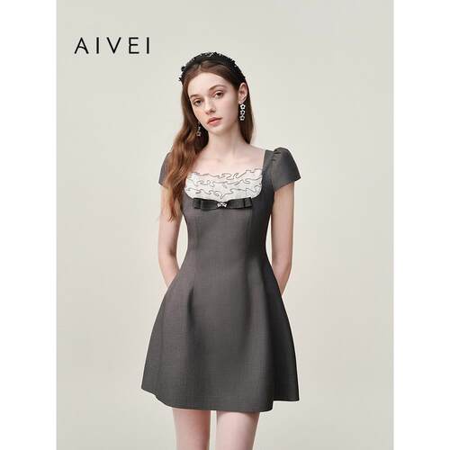 AIVEI欣贺艾薇2026春夏新格雷系千金风方领连衣裙小礼服XSV1L33B