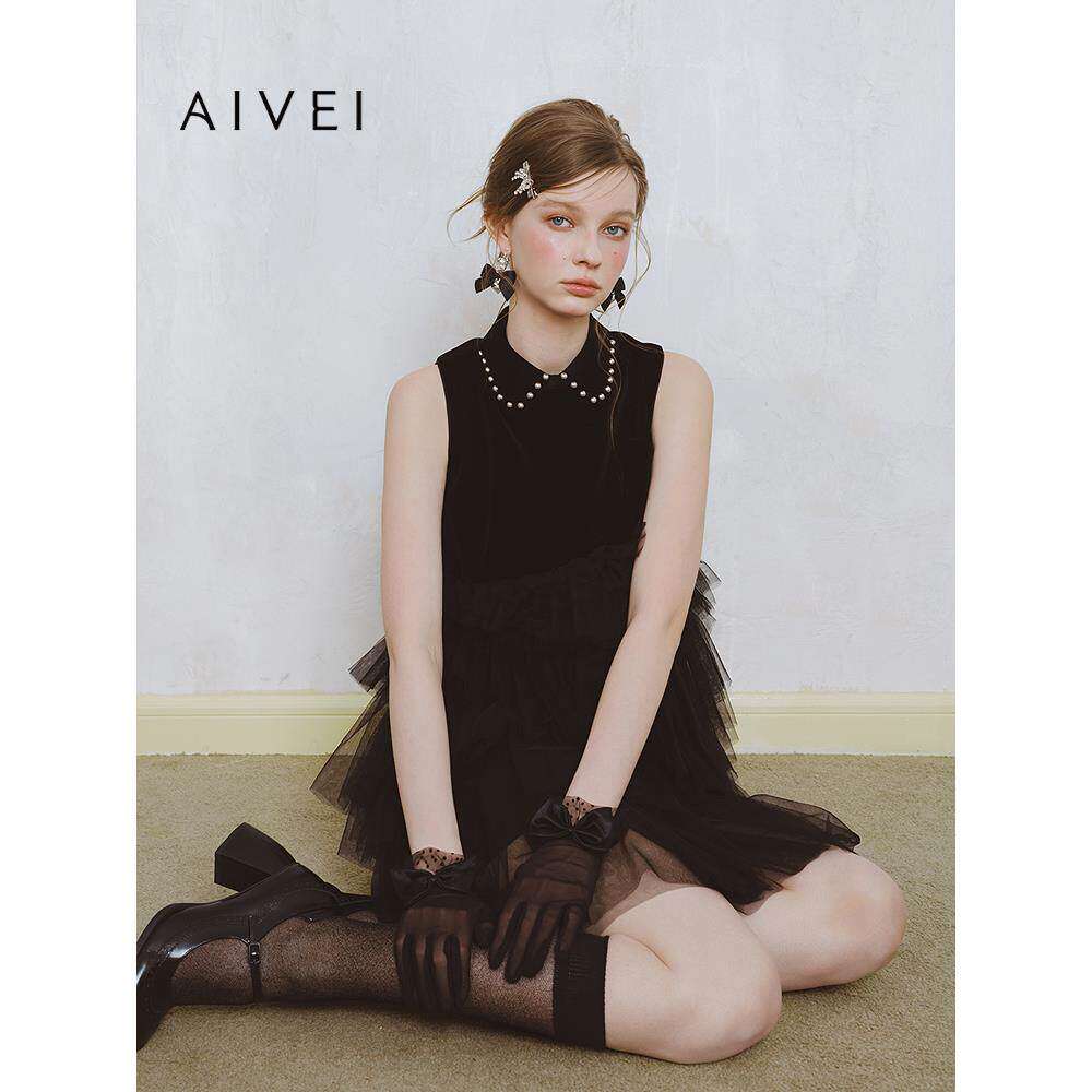 AIVEI欣贺艾薇2025春派对年会无袖丝绒小礼服蛋糕小黑裙S710201A