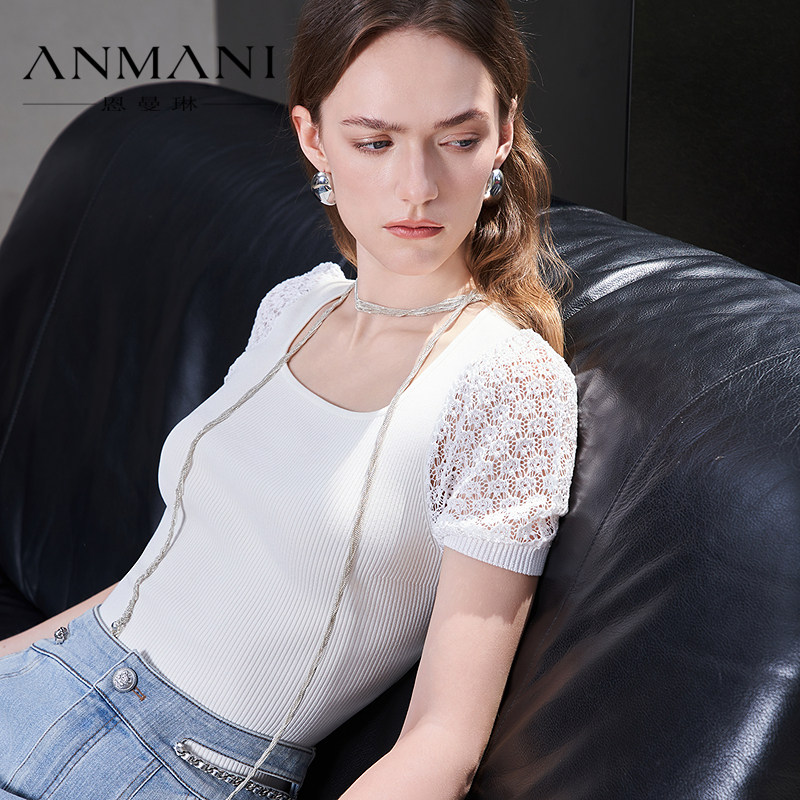 ANNMEL恩曼琳25夏季新款白色花朵泡泡袖针织上衣ERA3M02A