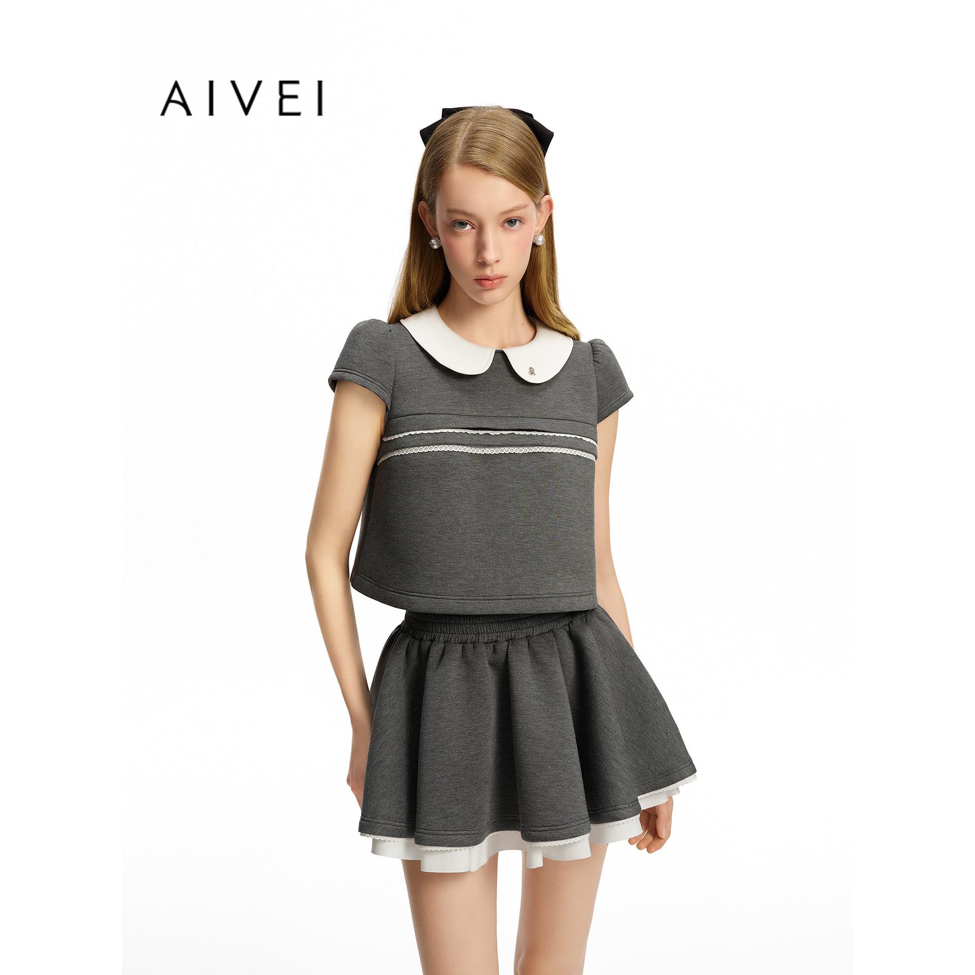 AIVEI欣贺艾薇2026秋季新甜妹乖乖女娃娃领短袖卫衣上衣XSV5S01C