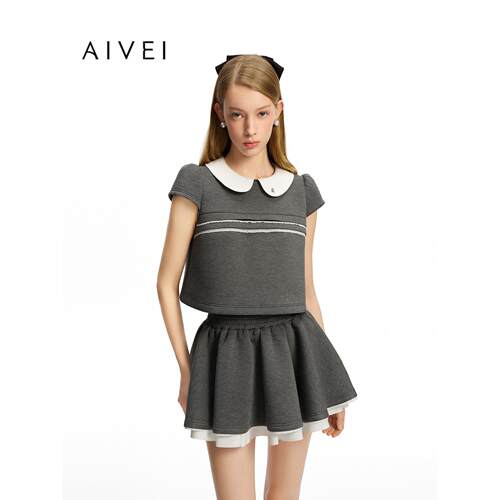 AIVEI欣贺艾薇2026秋季新甜妹乖乖女娃娃领短袖卫衣上衣XSV5S01C