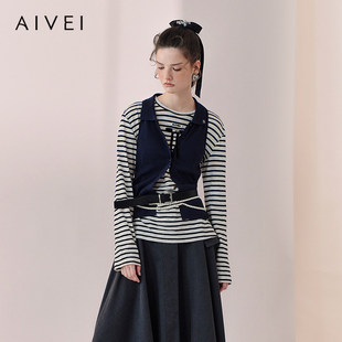 AIVEI欣贺艾薇2026春季新清新慵懒风休闲轻薄长袖条纹T恤XSV1S06C