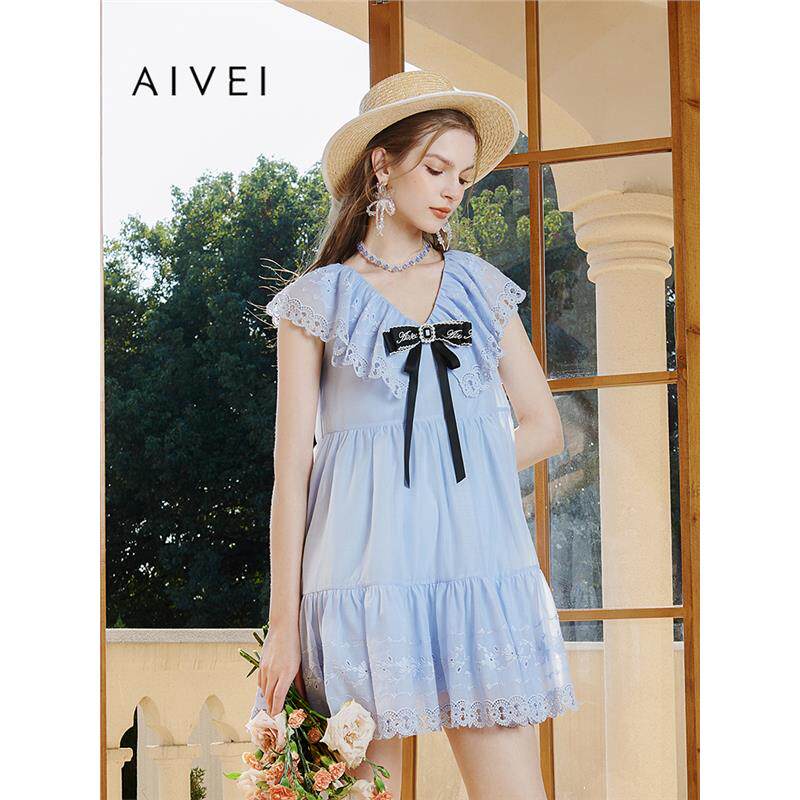 AIVEI欣贺艾薇夏季新千金仙女浪漫法式V领娃娃雪纺连衣裙R0360146