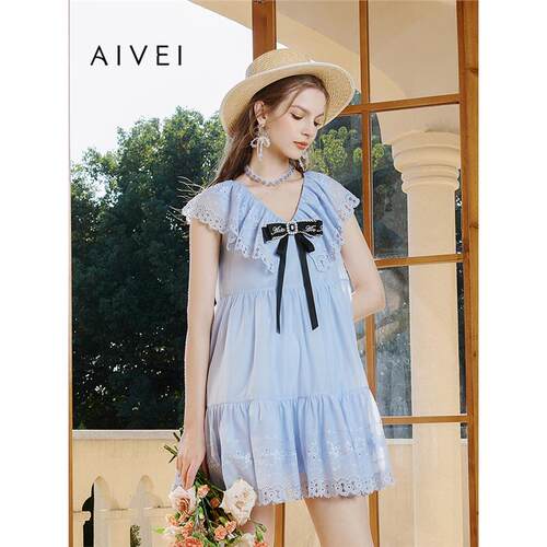 AIVEI欣贺艾薇夏季新千金仙女浪漫法式V领娃娃雪纺连衣裙R0360146