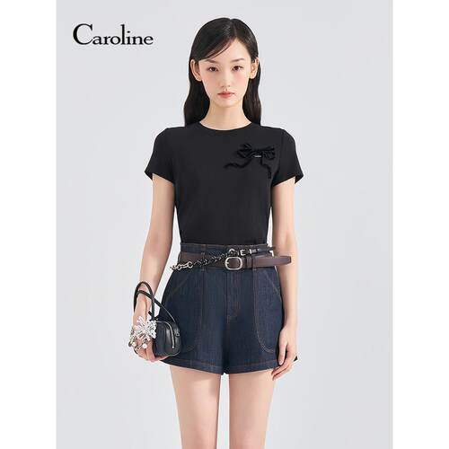 Caroline卡洛琳2026夏季新款丝绒蝴蝶结短袖修身T恤ESC2T02C