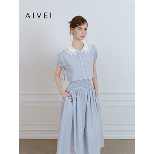 AIVEI欣贺艾薇2025夏季新森系绣花娃娃领条纹上衣短衬衫S724901A