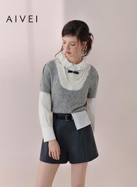 AIVEI欣贺艾薇2026春季新少女感甜美叠穿镂空短袖针织衫XSV1M15B