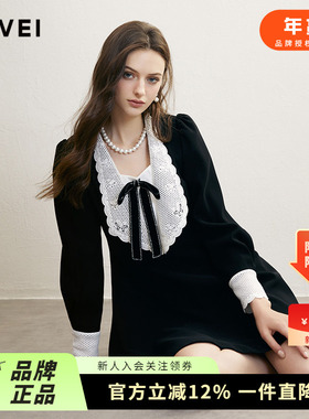 AIVEI欣贺艾薇2024冬季宫廷淑女名媛气质蕾丝拼接连衣裙R765001A