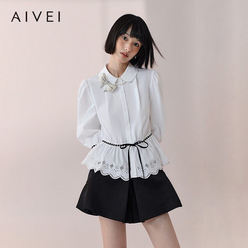 AIVEI欣贺艾薇2026春季法式浪漫撞色收腰荷叶袖白衬衫XSV1C07B