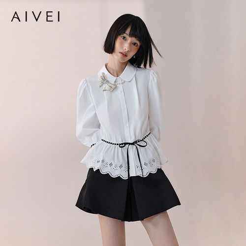 AIVEI欣贺艾薇2026春季法式浪漫撞色收腰荷叶袖白衬衫XSV1C07B