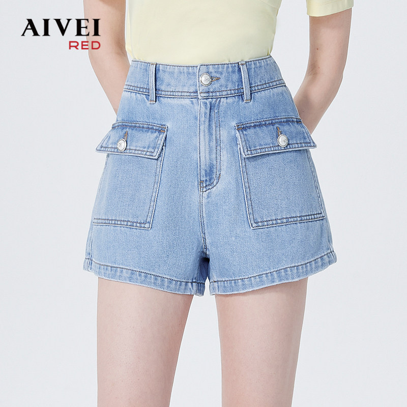 AIVEI欣贺艾薇夏季新高腰A版工装浅色牛仔阔腿短裤P036S042