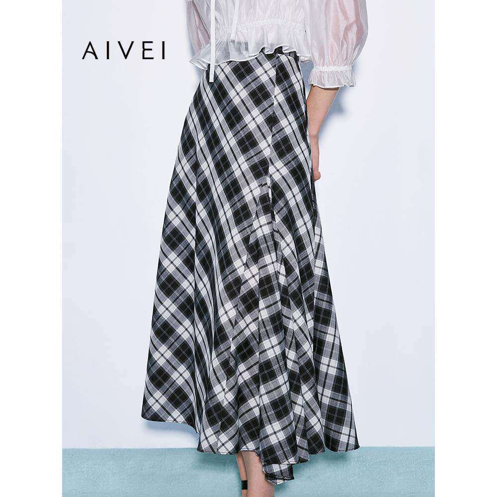 AIVEI欣贺艾薇2025秋季新日系复古结构大摆黑白格半身裙XRV4Q14A