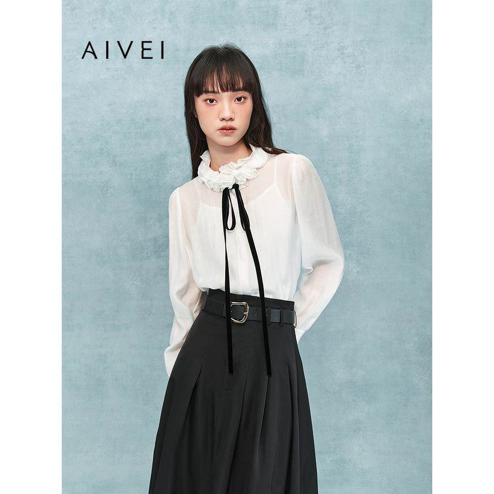AIVEI欣贺艾薇2025冬季宫廷风立体花边领两件套雪纺衬衫XRV7C03A